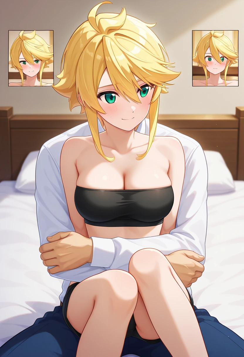 a 2 girl with long blonde hair, green eyes is naked (full body)(nude)(excited face) in her bed with her legs open completely naked.