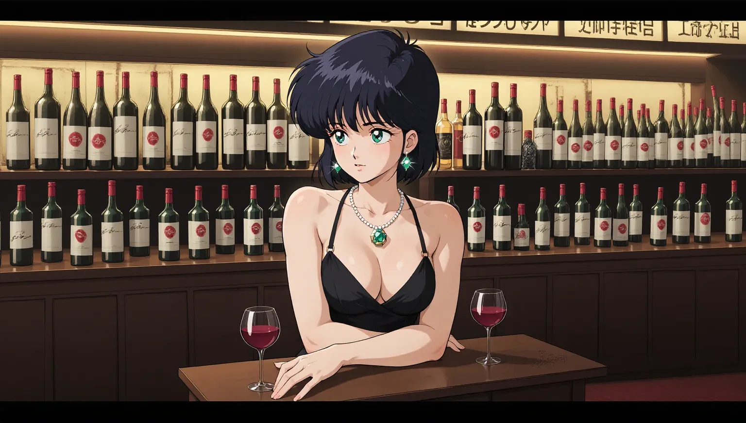 <lora:SyliaStingray002:0.7> <lora:add_detail:0.5>, <lora:noline:0.3>, <lora:boldline:-0.3>, SyliaStingray, 1girl, dark blue hair, short hair, 1980s (style), sexy, holding whiskey glass, drinking, alcohol, long shot, cleavage, beautiful face, moody, noir, dimly lit, bar, relaxing
