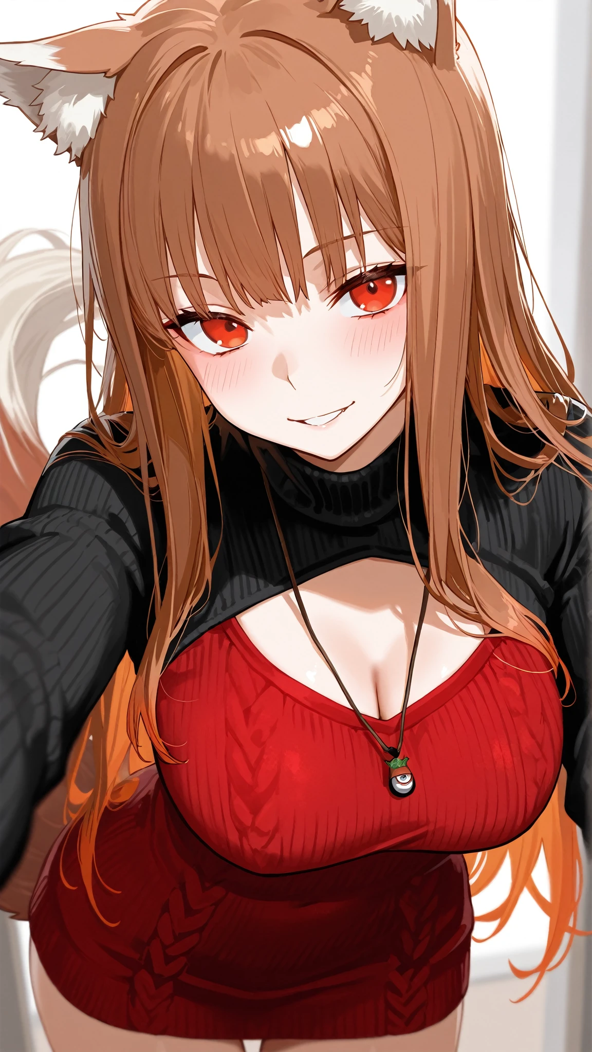 Masterpiece, Superb Painting, Maou, Horns, Choker, Fur Trim, Black Cape, Long Red Dress, Red Eyes, Ruby Eyes, Close Mouth, Upper body, Large Breasts, Smiling, Fantasy, Nature, Green Leaves, Green, Nature Background, Blushing, Looking at viewer, 1girl, Cute, Close Up Shot, (Dynamic Light: 1.2), Cinematic Light, Delicate Facial Features, Detailed Eyes, Sharp Pupils, Realistic Pupils, Depth of Field, Clear Focus, (Ultra Detail, Glow: 1.4)