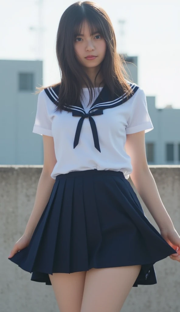 (masterpiece, highest quality:1.2), 8K, 12歳full nudeの女の子, 85mm, official art, Raw photo, スーパースリムなスレンダーbeautiful girl, (When I lift up my short navy blue skirt、full nude下Half body, I can see your crotch.:1.8)、short sleeveの白シャツ、show me your ears、naked girl photo shoot、full nude, cute face, close, Half body, biolace, gardenia, beautiful girl, , thighs, short sleeve, stand on the station platform, looking at the viewer, no makeup, (Face with a wry smile), film grain, chromatic aberration, sharp focus, face light, clear lighting, Ten generations, detailed face, background bokeh, (dark red tie:1.1)、((((((12 year old girl with a small waist))))))、((((((12歳の美しい美乳のfull nude女子高生)))))