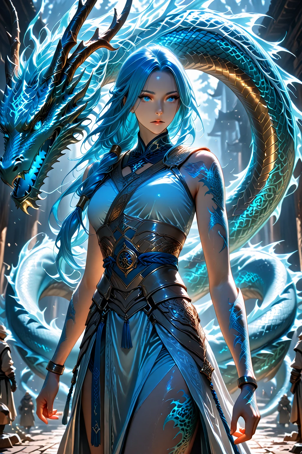 (the detail:1.4), 3D combination of man and dragon, Human dragon tail, A girl in dragon scale armor, The armor has intricate and delicate golden dragon patterns, (Fiery red clothes), Off-the-shoulder fashion, Dynamic movement of sword dance in a human-centered circular circle, Showing meticulous、A fusion of fine punk steam and baroque lolita, The gesture of waving a large sword with both hands, The sword qi scattered, Countless meteorites fell from the sky, Intricate dragon pattern headdress, Fluttering lace flared miniskirt, Breasts are full and straight, The dragon crystal with this shining blue light is embedded on the chest and connected to the armor, Clean long blue hair, long vertical curly, Burning ruins background, cinmatic lighting, dragon pupils, His face showed inexplicable excitement。, The upper arm is tied with a ribbon, This big fireball is flying all over the sky, On the forehead there is a flame rune composed of dragon scales, Rococo style, Depth of field, Depth of field, Ray tracing, Motion blur, surrealism, art-deco, Textured skin, Masterpiece, High details, High quality, Best quality, 16k, A high resolution, hyper HD, hdr(HighDynamicRange)