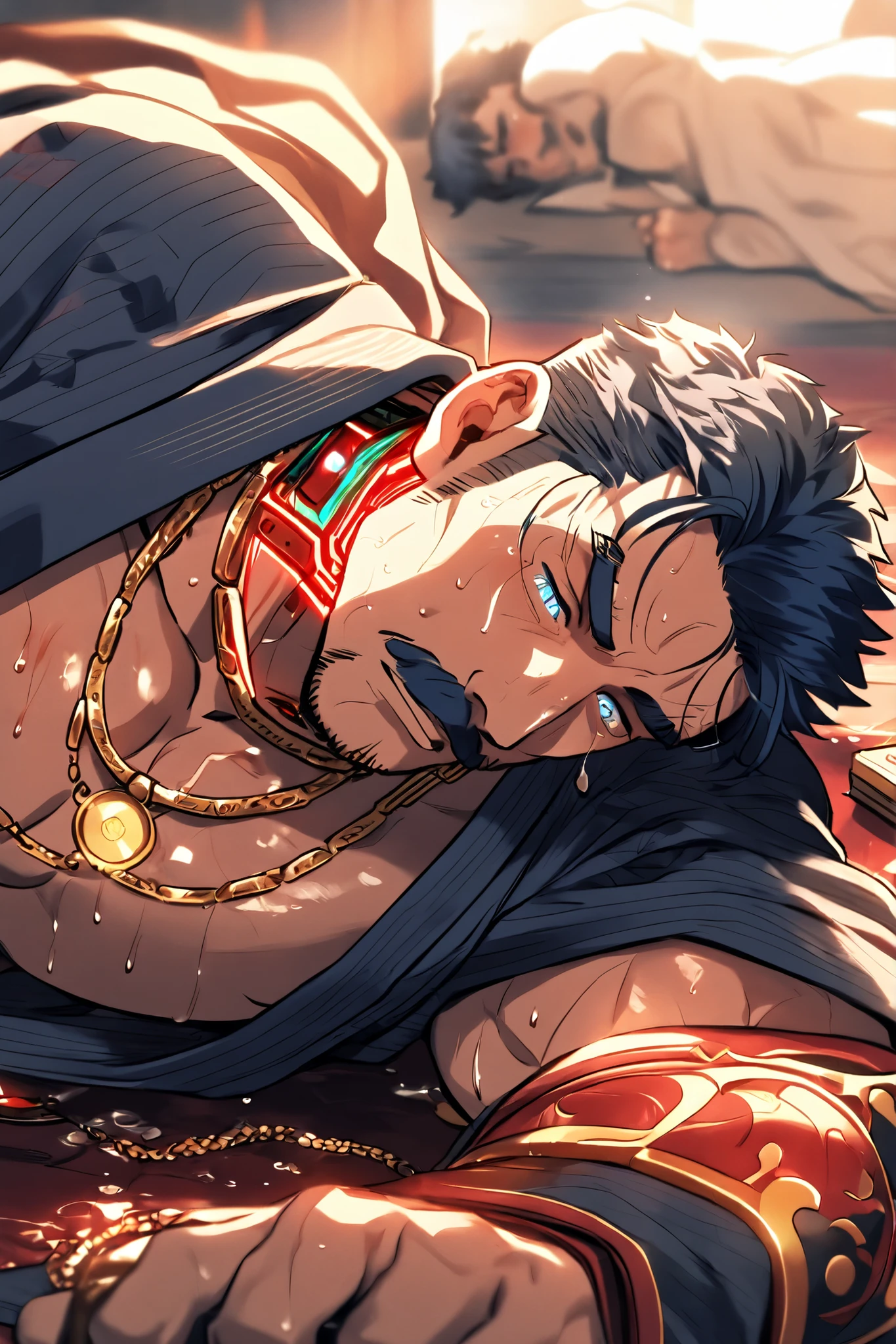 A middle-aged, muscular cyborg samurai, collapses on a floor in the king's room, wearing a dark blue color kimono, Exhausted, mustache, very sweaty body, dark blue hair, light blue eyes, very high heatstroke, wearing gold chain necklace, He has a glowing red color mechanical circuit line on his neck, He was flushed with high fever.