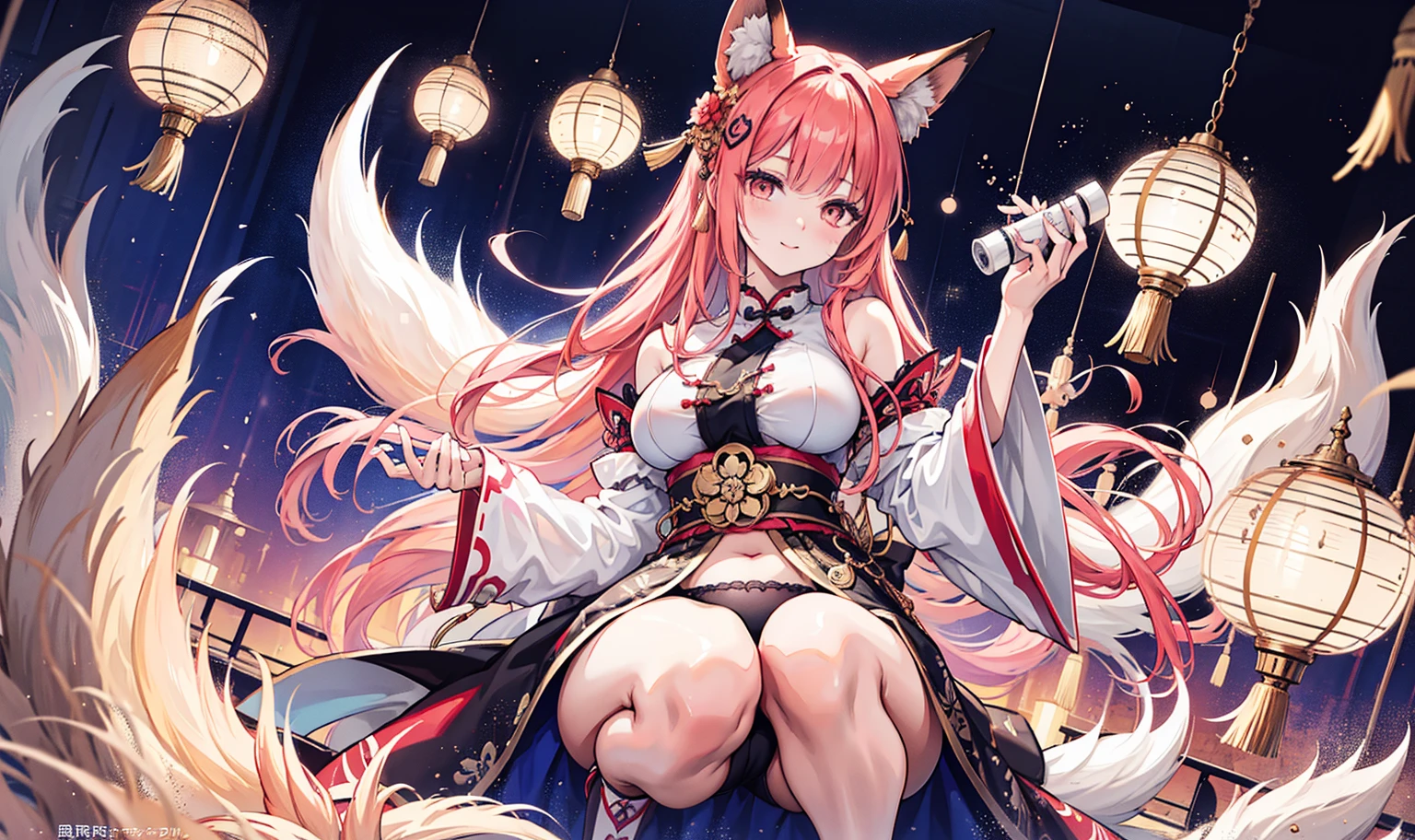 High quality, rich details, Japanese style painting, 1girl unique style, kimono bare-shouldered beauty, perfect display of thighs and cleavage, Yae Miko style, shrine at night, smile with a fan, black silk body, fox eartail and collarbone, long hair shawl, soft pink long hair, sexy side breasts and fox tail.