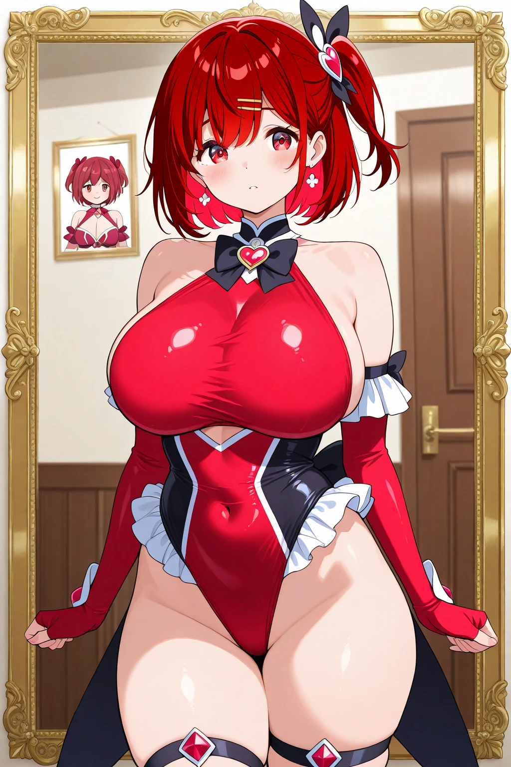 (perfect body),highest quality,16k、Masseter muscle part、((NSFW))、sex、(((blush)))、((((embarrassing))))、:d、one eye closed、Treefe○lumes、medium hair、(yellow eyes),((brown hair))、(parted bangs、asymmetrical bangs)、Forehead、ponytail、(Sweat)、(big ass)、huge breasts、((thick thighs))、(red bunny suit)、(brown stockings)、(Party Venue)、chandelier、red carpet、Hands behind the head、both armpits、(legs spread)、