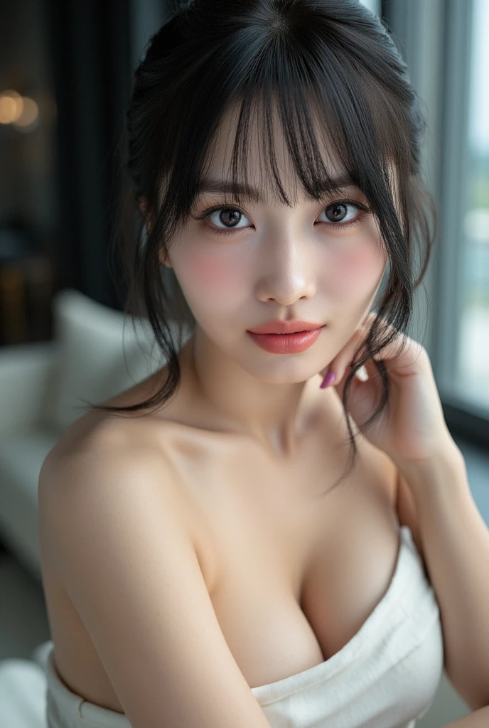 Mix 4, (8k, Live Shooting, Highest quality, masterpiece: 1.2), (Real, Photorealistic: 1.37), 一人のgirl, cute, night, rain, Wetty, Professional Lighting, Photon Mapping, Radio City, Physically Based Rendering, Gradient black hair, Gray Hair, Short Curly Hair, good looking, girl, Highest quality写真, High resolution, 1080P, (Clear Face), (Detailed face description), (Detailed hand description), (masterpiece), (Exquisite CG)、Extreme light and shadow、Disheveled Hair、Masterwork、Rich details、(Fine facial features)、(Highest qualityの写真)、(Masterpiece)、(Detailed eyes)、Look in front of you、Detailed clavicle、((Mid-breasted))、Nipple erection、Sexy、Lady、Clear、Smooth Hair、Clothes are not shiny、Bed、White thin clothing、肌がSee-through clothing、White clothes、See-through clothing、No bra、