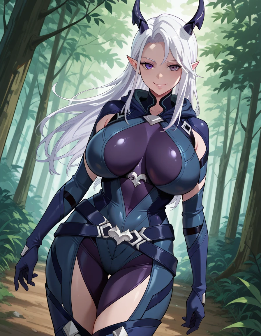 armor, leotard, shoulder armor, cleavage cutout, leotard, breastplate, gauntlet, thig high boots, detachable collar, large breasts, cleavage, long hair, white, (((((blindfold))))), beautiful, horn on side head, masterpiece, masterwork, super fine illustration, ultra detailed, cg unity 8k wallpaper, perfect eyes, ultra detailed beautiful face, smile, (((chain leash, on all fours, hands on the ground, animal collar, animal collar connected chain leash))), full face blush, long tongue, stick out tongue, open mouth, sexual ecstasy smile, smile broadly, fucked silly vulgarity, gleaming skin, oil skin, shiny skin, wet skin, seductive smile, tongue out, p, put out tongue, 