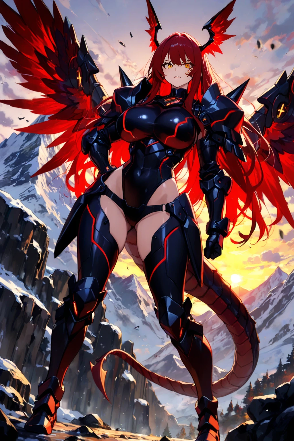 masterpiece, high quality, ultra detailed, 8K, 1 女, mechanical parts, mechanical arms, mechanical legs, machinery, dragon tail, pelvic curtain, leotard, red eyes, ((huge breasts)), 油っぽい光沢のある肌, (curvy), (evil smile:1.4), (綺麗な目), (綺麗な手), looking at viewer, full body, (floating:1.5)