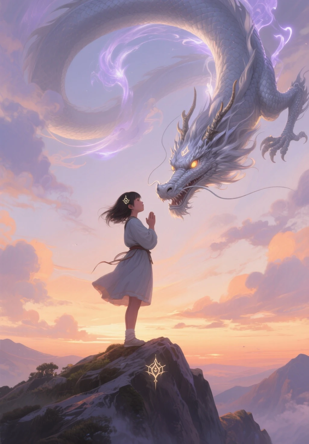 At dawn, a young girl stands at the mountain peak, praying with a serene yet determined expression. A majestic silver dragon descends from the sky, its glowing eyes fixed on her as a mystical crest appears on her forehead. The sky is painted with soft hues of orange and purple, clouds swirling with divine energy, creating a sacred and awe-inspiring atmosphere, highly detailed fantasy illustration.