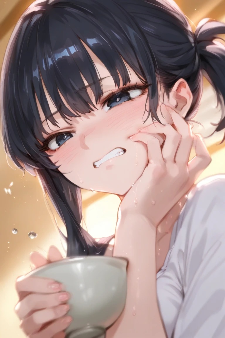 face focus,woman sucking penis hardly,at kitchen,pov blowjob,black hair,bangs up hair,Mature Woman,eyelash,Looking up,eyelash,wavy tied up hair,mole,sleeveless sweater,aroused eyes,excessive cum in mouth,sweaty,wide-open eyes,trembling,