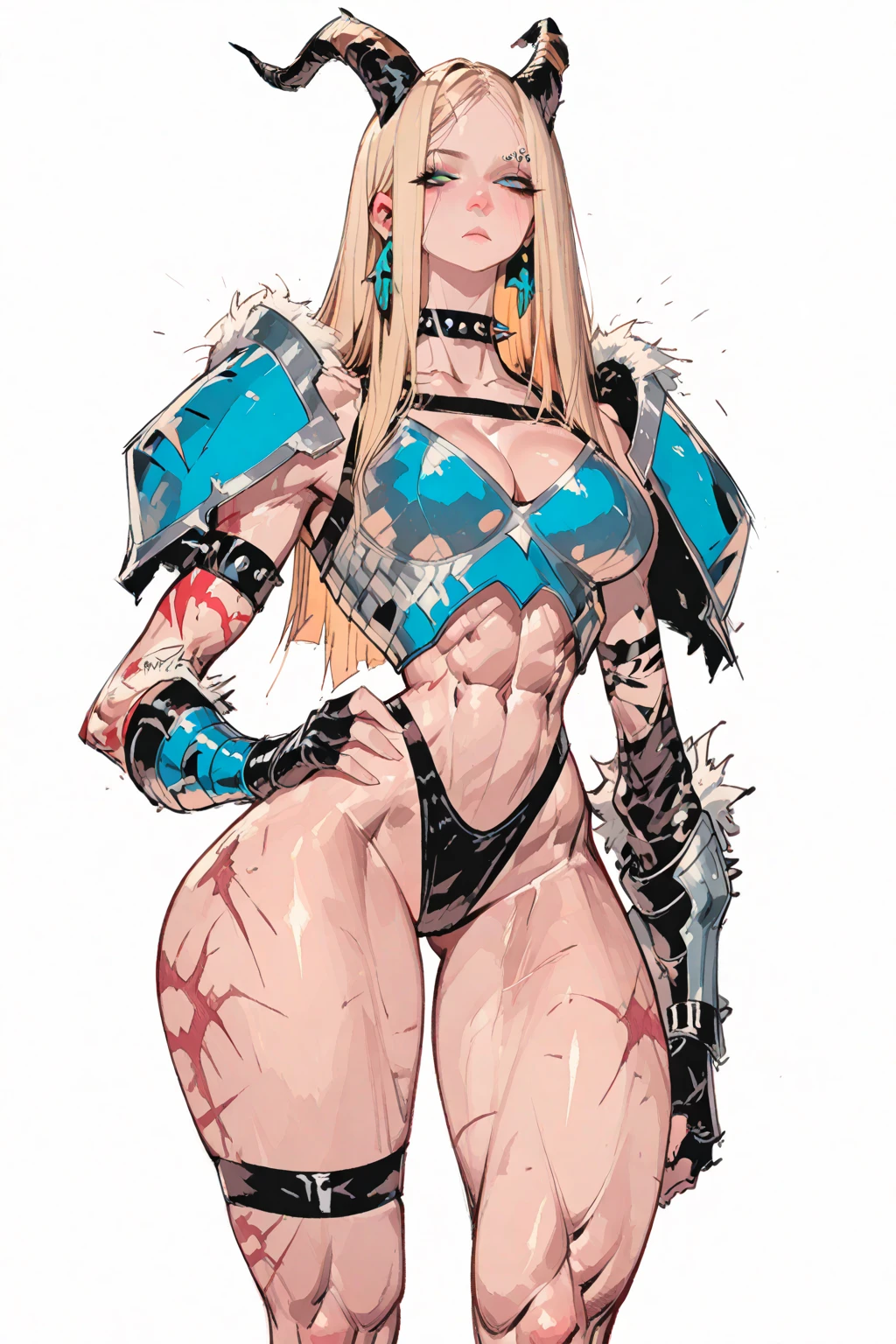 a muscular woman with big breasts holding a giant fatasy ending sword