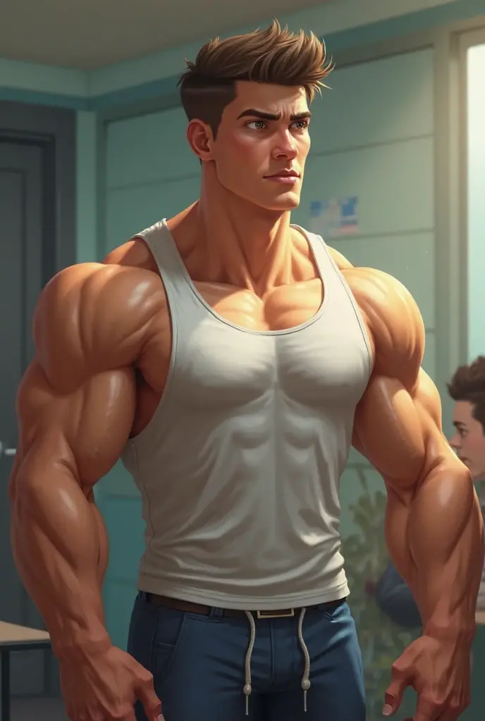 A perspiring male student employee working at a college registrar's office. Wearing sweat-soaked shirt that says JOCK-U and is almost . Diligently follows prompts on his computer screen to enter into student records as he begins to sweat and stare blankly the more familiar he becomes with the work, unaware of how his muscles are growing and his mouth is hanging open while he breathes heavily. Student on the other side of his desk grows bigger and dumber with him as the two become big dumb muscle jock bros together. Big biceps. Big triceps. Big traps. Broad shoulders. Broad chest. Bro. IQ drain. Dumber and dumber. Big dumb jock. Hyper muscles. Hyper biceps. Hyper triceps. Hyper traps. Hyper broad shoulders. Hyper pectorals. Hyper . Massive . Hypnotized. Brainwashed. Hypnosis. brainwashing. Blank stare. Mindless. Meathead. Musclehead. Big dumb jock bro. Brain to brawn. Brute. Dumb bodybuilder jock stereotype. Thick stubble. Office. "Gotta be swoll. Gotta be dumb. Coach says to grow while my mind grows numb. Yes, Coach.... Flex... Grow... And obey.... You'll like it, too, bro. Just listen to COACH. COACH knows what's best...."