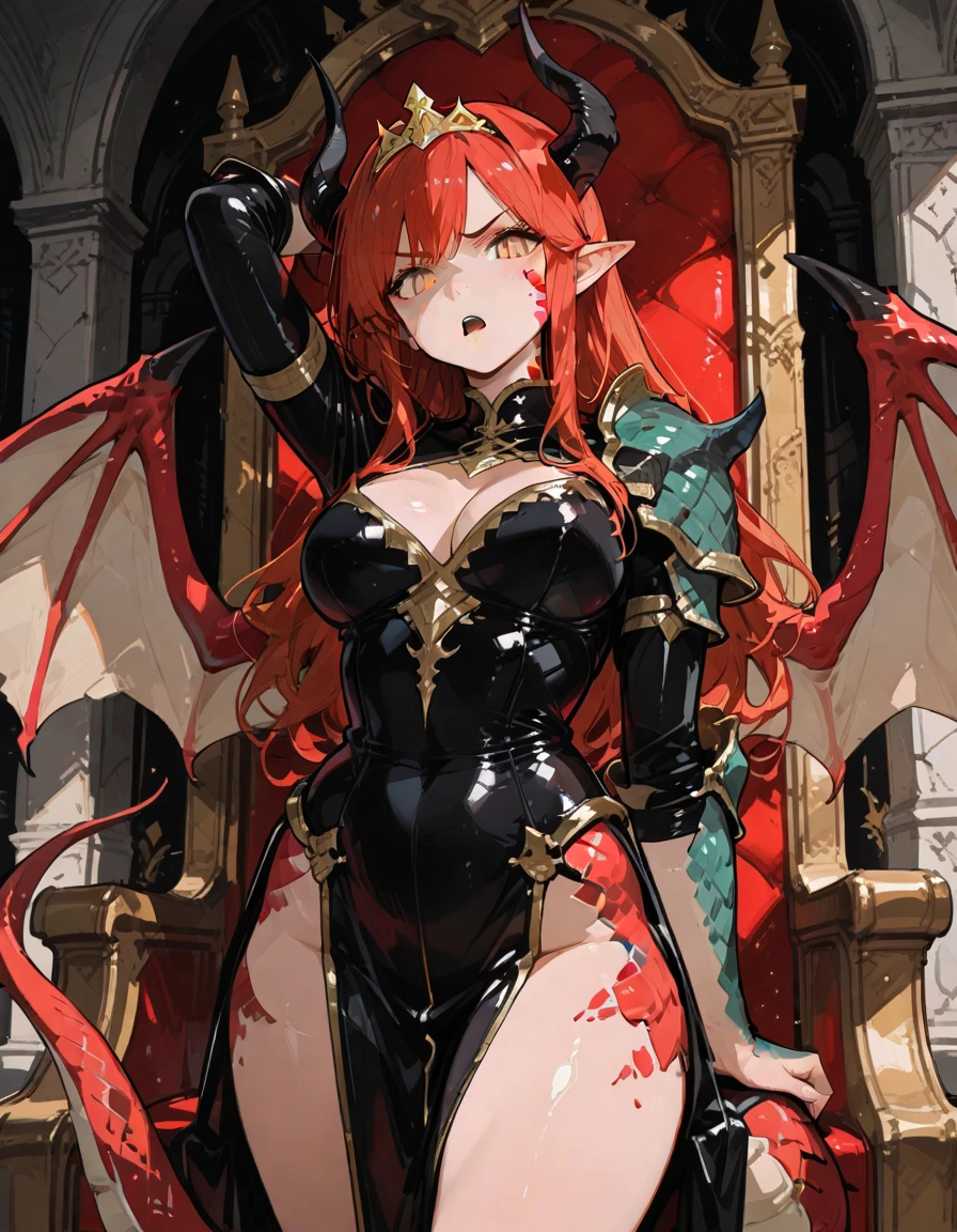 Best Quality,High Resolution,Dark Fantasy,Demon Queen on Throne,Nudity,Visible Nipples,Detailed Face,Dark Aura,Horned Devil,Royal Crown,Mysterious Energy,Creepy Atmosphere,Baroque Decoration,Twisted Vines,Red Carpet