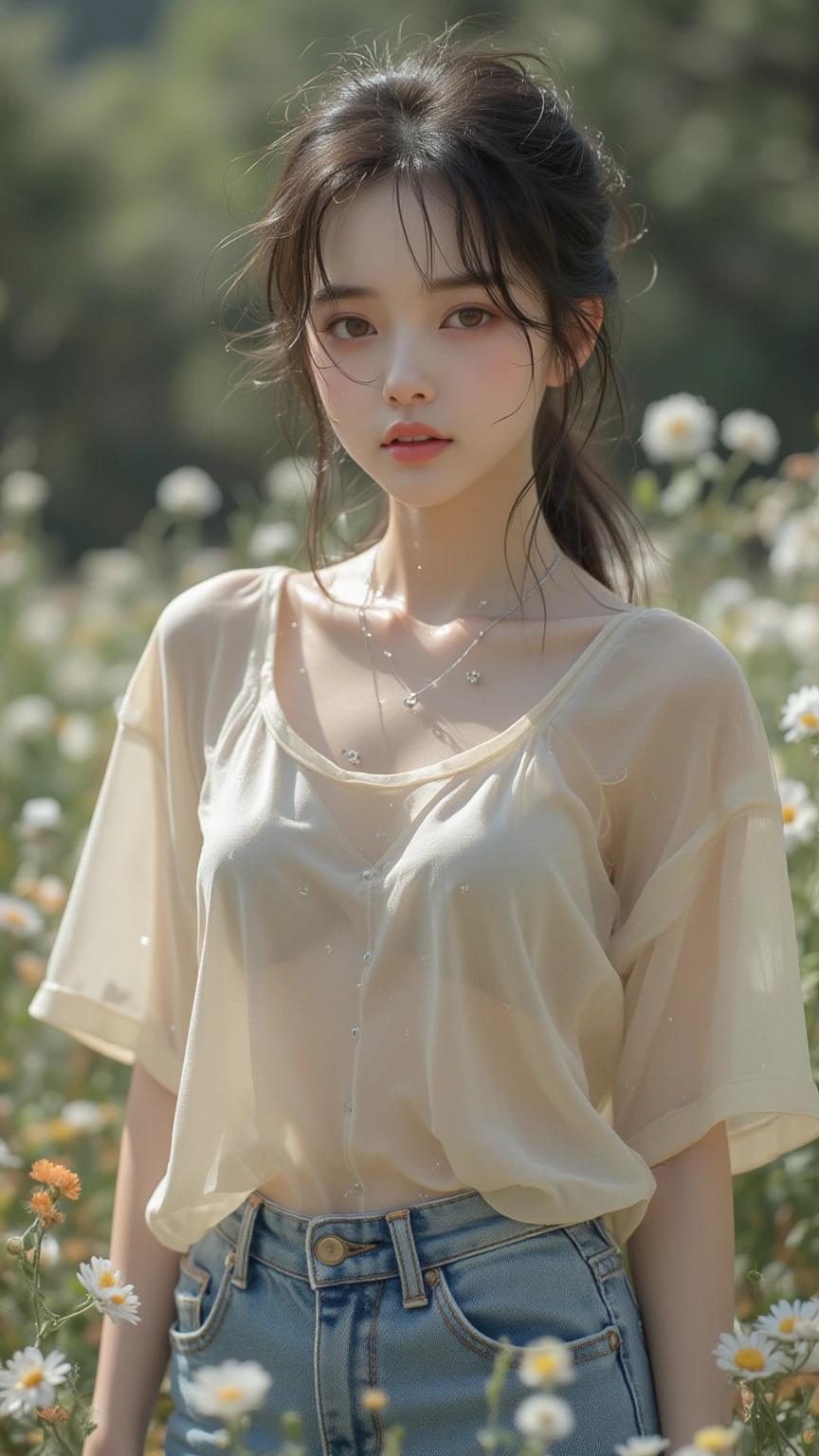 Top image quality、Raw photography、超A high resolution、An 18-year-old woman、Shooting for one person only、modelshoot、round breast、cleavage of the breast、Summery clothes、Beautiful Eyes of Details、very elongated eyes、Beautiful eyelashes、Beautiful double eyelids、Black walls、very slender legs、Shorthair with light brown hair、very slender physique、Very small buttocks
