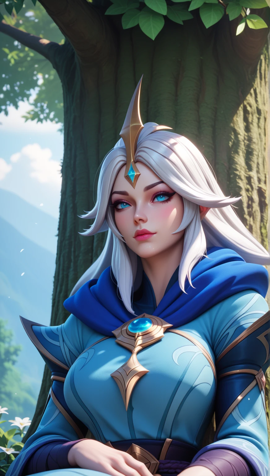 Elsa-Frost melting, Elsa's clothing fusion (Disney) e Frost (Mortal Kombat), Cabelos brancos da Elsa, particulas de gelo, melting, 1girl, Beautiful, (master part:1.2), (melhor qualidade:1.2), ((pose de luta)), ((campo de batalha)), cinemactic, olhos perfeitos, pele perfeita, perfect lighting, sorrir, luz, cor, pele texturizada, detalhe, Beleza, maravilha, ultra-detalhado, rosto perfeito