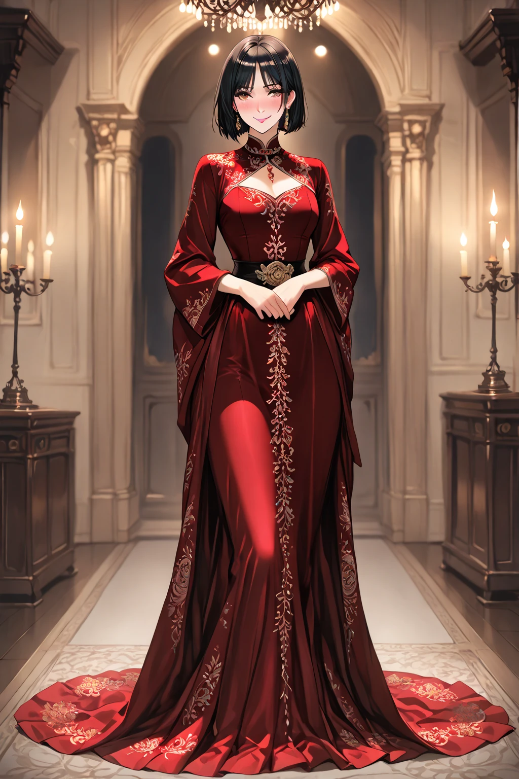 Hijabi women wear red satin glamour long train evening mermaid dress with peplum bolero with puff sleeves, dress have a very long train about 7 meter long, wear sexy corset,tall sexy woman with big breasts, with prominent nipples, model height is 165 cm, wear jewellery, sexy pose in office room