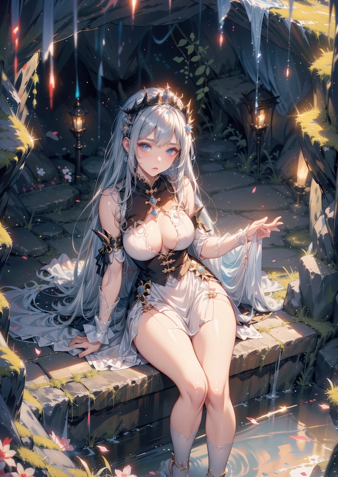 (msterpiece:1.3), (8k, RAW photo, best quality: 1.4), beautiful face, beautiful hairstyle, beautiful detailed eyes, beautiful skin, absurdres, attractive, ultra high res, highly detailed,NSFW, 2 girls in abandoned underground basement,vagina close up,necklace,arms behind back,evil smile, ultra detailed skin,Heavy makeup, flower hairpin,colorful patterned lace dress, dirty ground,on bed,bondage, exposed pussy,long straight hair,blood, vagina spurting blood,slim legs,kiana kaslana,