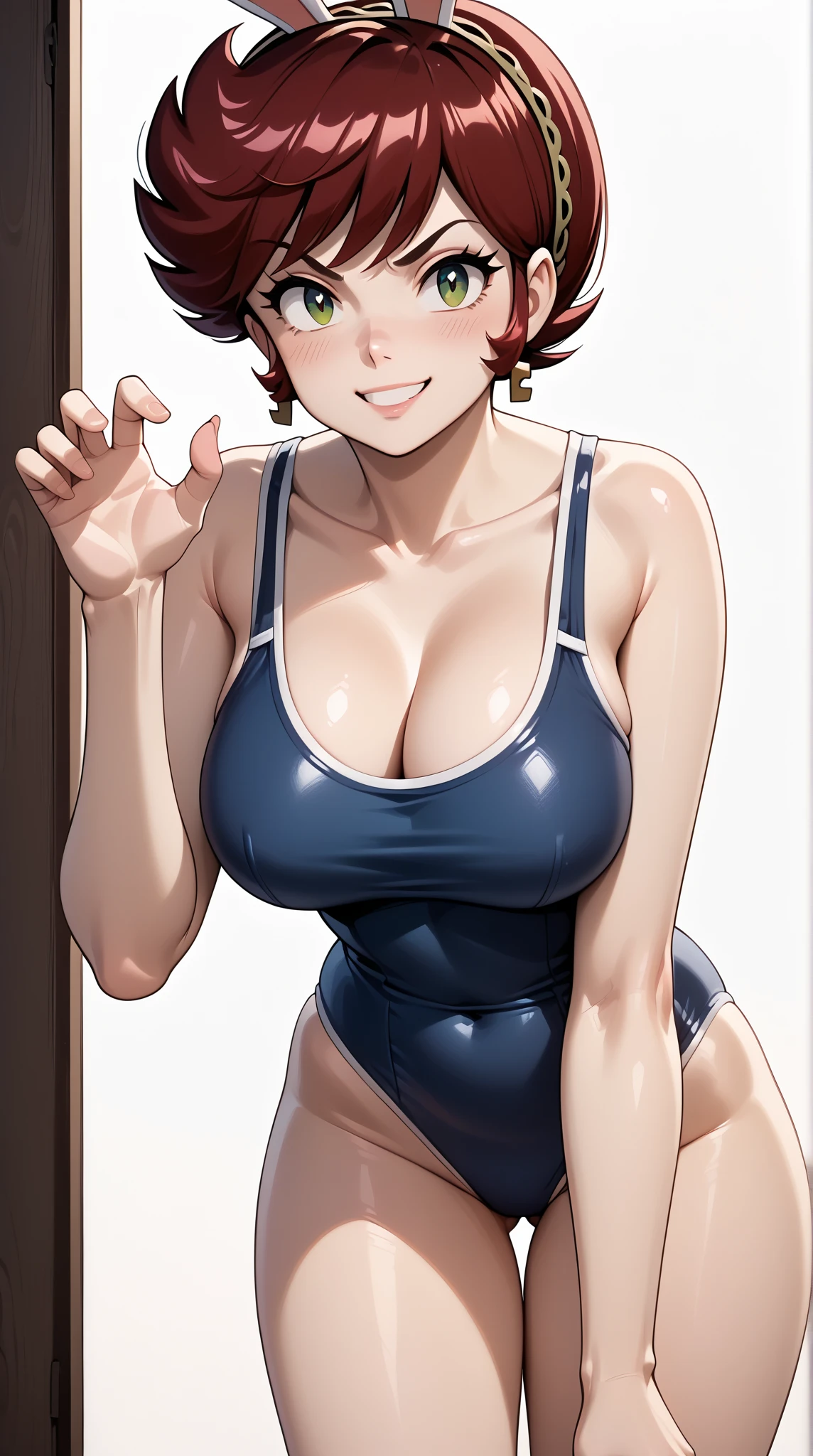 ((masutepiece, Best Quality, hight resolution, nffsw, Perfect Pixel, depth of fields, 4K, )), 1girl in, Solo, , Beautiful anime girl, Beautiful Art Style, close up, Looking at Viewer, Perfect body, side shot, Yuigahama Yui, Short hair, pink hair, pink eyes, hairbun, (large boob), side boob, sitting, black playboy bunny outfit, smile, hands on thighs, blank white background