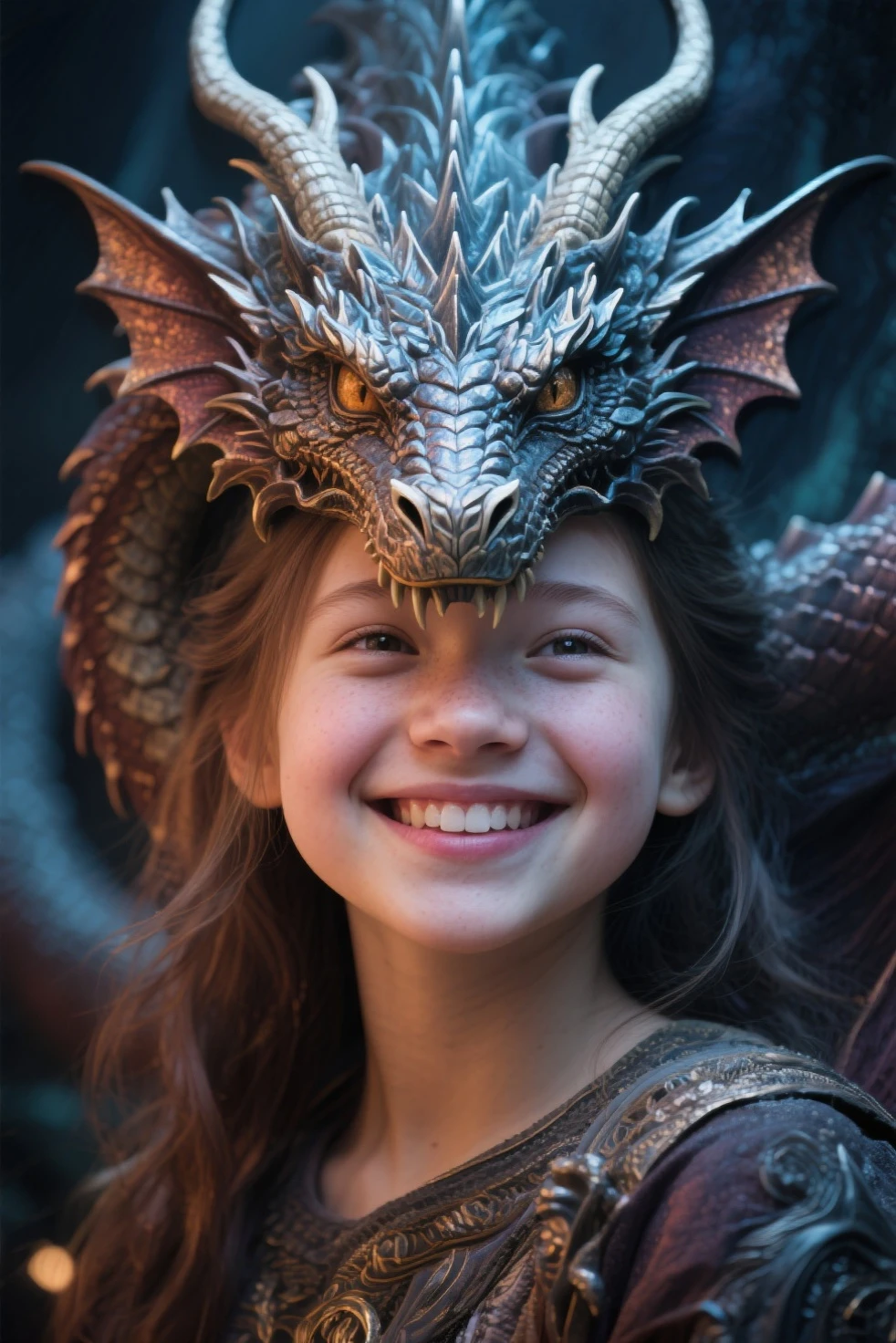 Fantasy, artistic photo of a young girl with silver hair and a headpiece, standing close to a dragon-like creature with detailed, textured scales, close-up portrait focusing on the faces of both the girl and the dragon, background is blurred to emphasize the subjects, taken under soft, natural lighting that enhances the skin texture and the dragon's scales, shot at eye-level with a high-quality digital camera, possibly a Canon EOS 5D Mark IV with a 50mm f/1.2 lens, in the style of Benjamin Von Wong