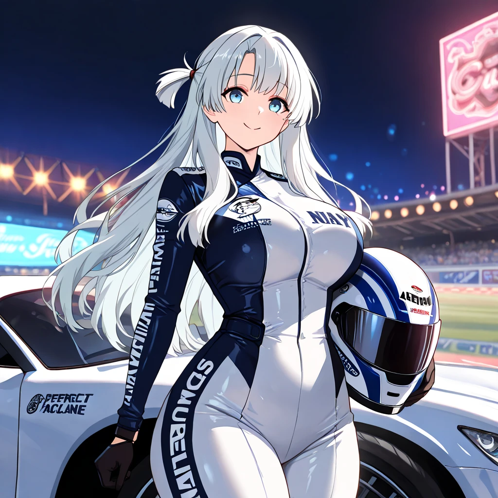 (best quality,highres),Tess Darret,Pole Position,holding a race helmet in hands,standing inside of her race car,smiling,anime style,bright colors,dynamic lighting,shiny finish,energetic pose,attention to detail,sparkling eyes,long flowing hair,wearing a racing suit,checkered flag pattern on the car,exciting atmosphere,vivid expressions