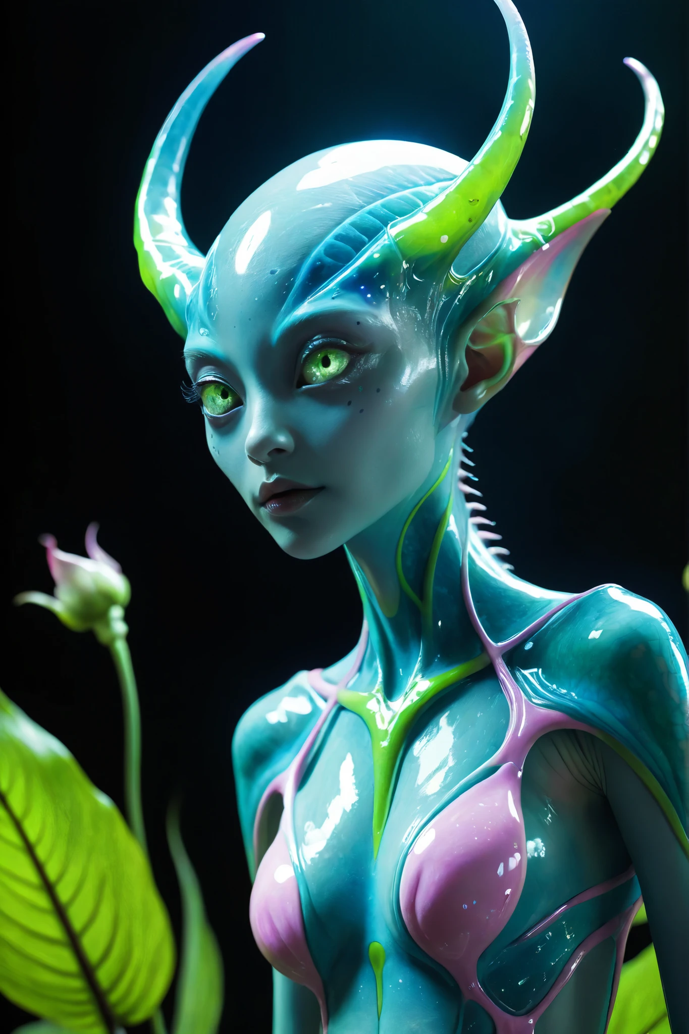 A sweet kind previously unseen and unknown alien life form of a girl, a living being with transparent light blue skin with neon light green spots, bright pink neon veins and veins pulsating with neon light are visible through the transparent skin of the creature, a humanoid-type creature a girl with short dense legs and 4 long arms, the creature has two heads, both heads are different, the creature's head is covered with chrome scales, the creature has 2 branched horns on its head, the ends and edges of the branched horns shine and cast glare, the creature is very kind and beautiful, the creature has large blue faceted eyes of an oblong shape, a creature in a loincloth made of green leaves of an alien plant, small beautiful alien grow on the shoulders of the creature flowers, webbed feet on the legs, full posture, full body, a bizarrely shaped biomechanical spaceship of an alien creature is visible in the background, реалистичное фото