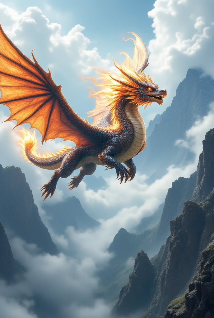 There is a dragon flying over a mountain with a sky background, &#39;&#39;Phoenix Wallpaper resting, Fenglong, Chinese dragon concept art, jellyfish Fenglong, Dragon flying in the background, &#39;&#39;Phoenix Wallpaper, A beautiful artistic illustration, Chinese Fantasy, G Liulian art style, dragon flying in the sky, Set against the backdrop of a dragon, dragon flying in the sky
