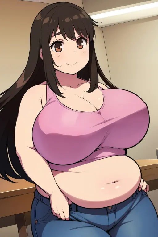 ((highres)), Masterpiece, high quality, best quality, beautiful, perfect lighting, detailed face, ultra cute face, looking at viewer, (((1girl))), (((solo))), long hair, fluffy hair, brown hair, ponytail, green eyes, ((blush)), white tank top, short red pleated skirt, thigh highs, chocker, large breasts, cleavage, perky breasts, (wide hips), (thick thighs), chubby belly, standing, fast food restaurant, arms behind back,