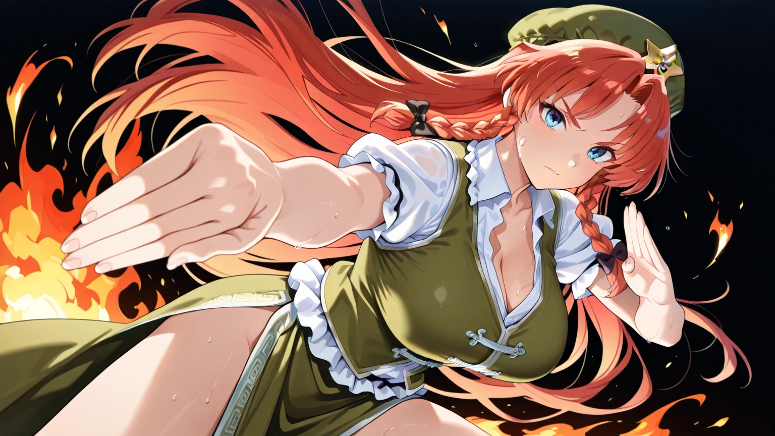 (1girl, solo, beautiful detailed girl),
Shirley Orlando, red hair, ahoge, long hair, aqua eyes, large breasts, green tattoo,
choker, blush, lipstick, masterpiece, best quality, highly detailed, a anime girls in sailor uniforms with a gun posing for a picture,
evil smile, smile, open mouth,black_serafuku, ecchi anime style, anime girls , (nsfw) not safe for work,
ecchi style, ecchi, shipgirls, digital anime art!!, high school girls, holding a gun, hold a gun, anime style 4
k, micro skirt, exposed belly, exposed navel, exposed midriff,
exposed lower belly,school, classroom