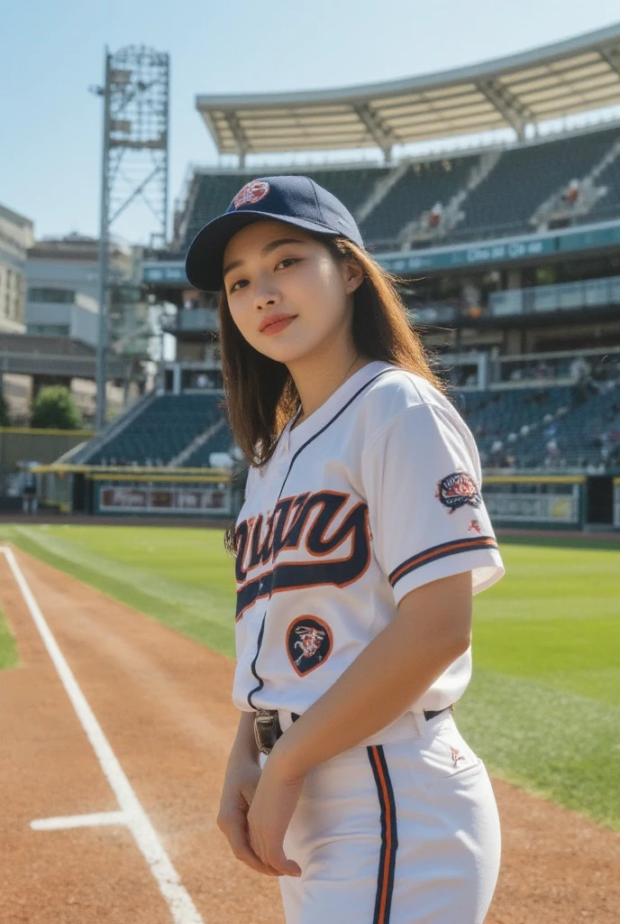 Shaggy Asian woman in a baseball uniform posing for a photo, beautiful south mulher coreana, jogadora de beisebol feminina, retrato de mayuri shiina, coreana, gorgeous young mulher coreana, mulher coreana, hwang se-on, Lee Ji-eun, sakimichan hdri, Lee Ji-eun, Tae June Kim, heonhwa choe