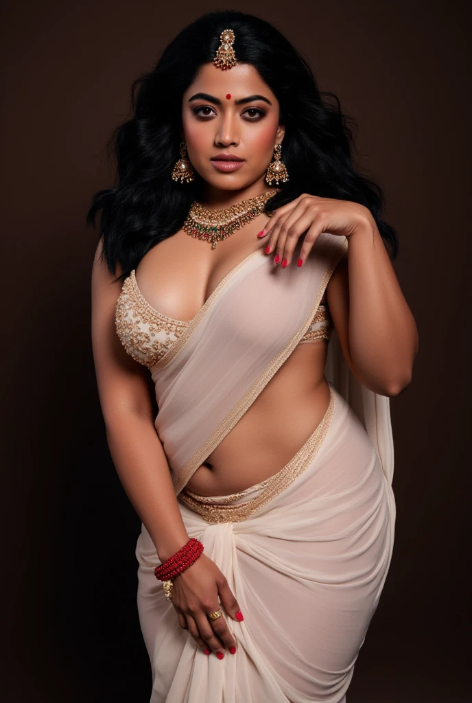Create a high-resolution image of a stunning woman in a colorful sari featuring a variety of colors and intricate floral designs. The sari accentuates her curvy figure, drawing attention to her high waist and full thighs. Her glossy black, wavy hair with subtle highlights frames her smooth, radiant face, enhanced by exquisite makeup. Her deep eyeliner, light eyeshadow, long mascara, and thick lashes highlight her captivating eyes, while her perfectly colored lips enhance her glowing complexion. She stands confidently, showcasing her slim stomach, flawless skin, and the detailed design of her sari in sharp focus.