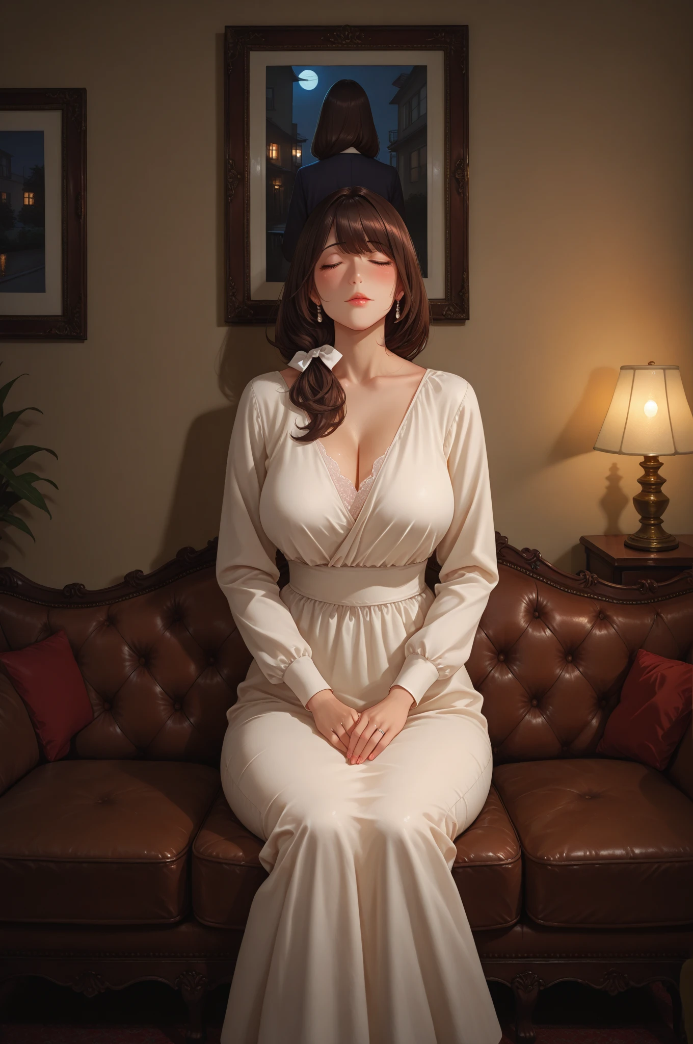 A lady with extraordinary temperament, she stands in a modern indoor space, as if she is a model from a fashion magazine. She is wearing a (pure white long fur cape), the softness and luster of which makes her look more noble under the light, and complements her (beige dress) underneath, showing her gentle temperament while maintaining a sense of fashion. The style of the dress is simple and generous, a perfect match, and it lengthens her figure, making her tall and charming. The lady's makeup is delicate and elegant, which just highlights her facial features and makes people unforgettable at first sight. Although the earrings and necklace she wears are not ostentatious, they add a bit of sophistication and nobility to her overall look. Her hair is casually draped over her shoulders, and every strand of hair exudes a natural luster,, (best quality,8k,highres,masterpiece:1.2),ultra-detailed,(realistic,photorealistic,photo-realistic:1.37),studio lighting,ultra-fine painting,sharp focus,physically-based rendering,extreme detail description,professional,vivid colors