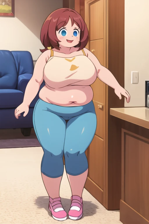 Massively obese boxer girl, shorts, tank top, running, red hair, extremely chubby, fat rolls, sweating, blushing, huge ass, back view
