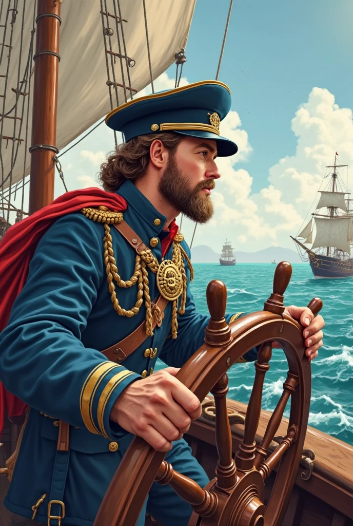 
handsome man, trimmed beard, charismatic, mysterious, worried look, dressed as a sailor, sailor's jacket, sailor's cap, at night, enters the entrance of a tavern, three quarter face, lovecraft art