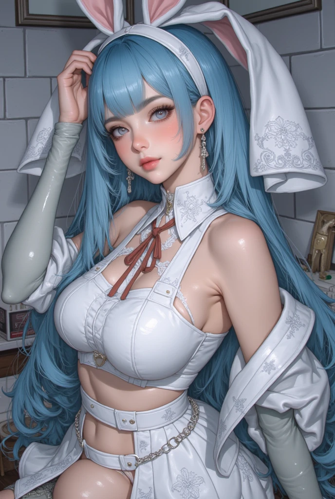 1girl,solo,medium breasts,<lora:GoodHands-beta2:1>,(thigh gap:1.2),(cowboy shot:1.3),<lora:0124 Nurse Nation White Ver_v1:1>,ruanyi0124,choker,id card,thong,see-through,nurse,nurse cap,white bra,garter straps,white dress,elbow gloves,blue hair,very long hair,, (masterpiece, best quality, hires, high quality, by professional artist, ultra detailed, extremely detailed, absurdres, incredibly resolution:1.2), good hands, perfect hands,
