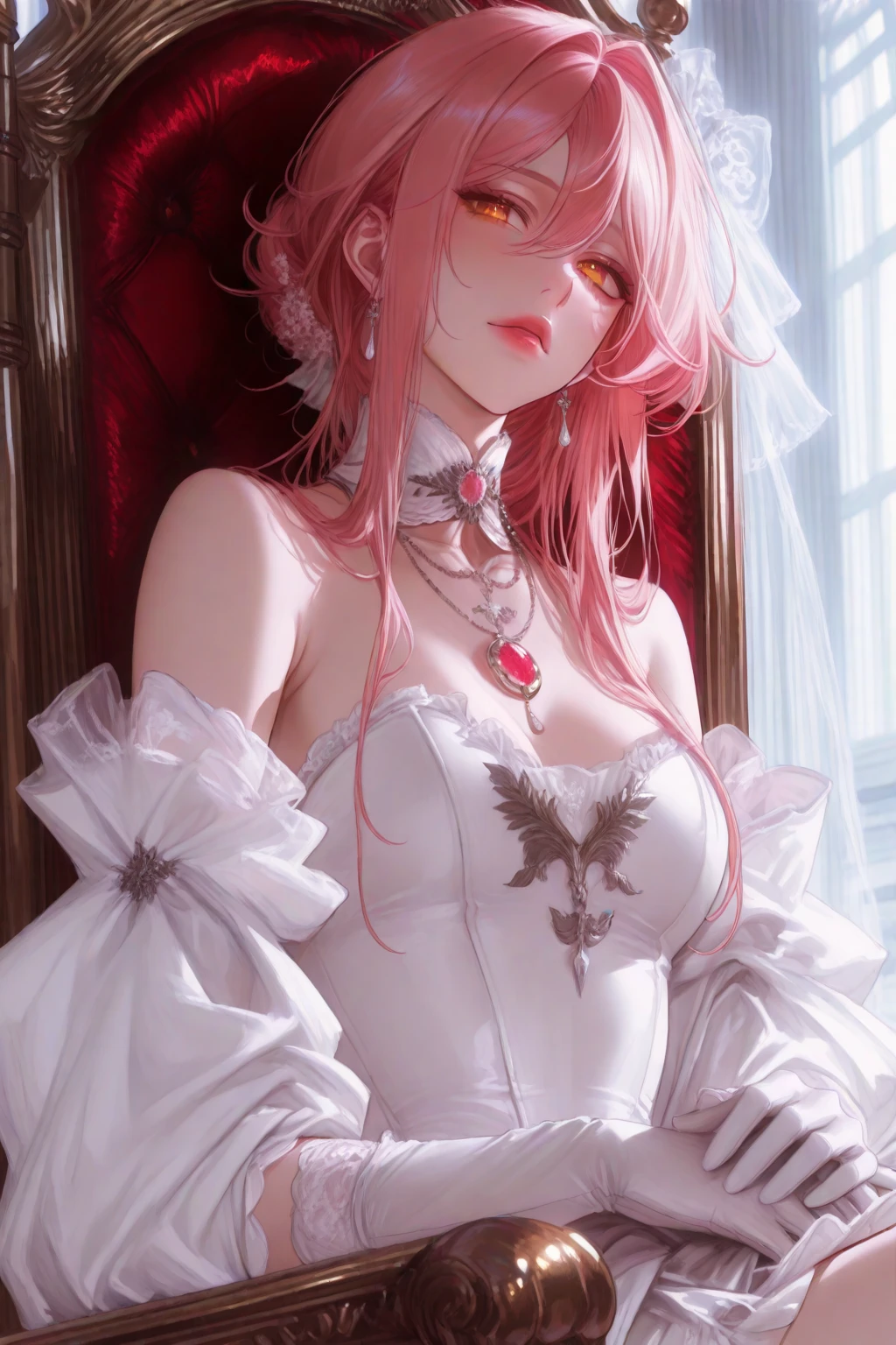 (best quality,4K,8K,height,Masterpiece:1.2),very detailed,(realistic,photorealistic,photo-realistic:1.37),Beautifully detailed yellow eyes,Beautifully detailed lips,ดวงตาและใบหน้าที่very detailed,Long eyelashes,pink hair,colorful background,curly wavy hair,Hair flowing like a forest,Ethereal atmosphere,(soft,Delicate) skin,Flawless makeup,natural light,soft focus,romantic setting,(elegant,many) wedding dress,Ethereal curtain,Amazing bouquet,sparkling jewelry,Smile confidently.,charming gesture,การเคลื่อนไหวที่elegant,Dreamy atmosphere,artistic elements,bright colors,flawless skin texture,เงาอันDelicate,Amazing highlights,soft color palette,nighttime.