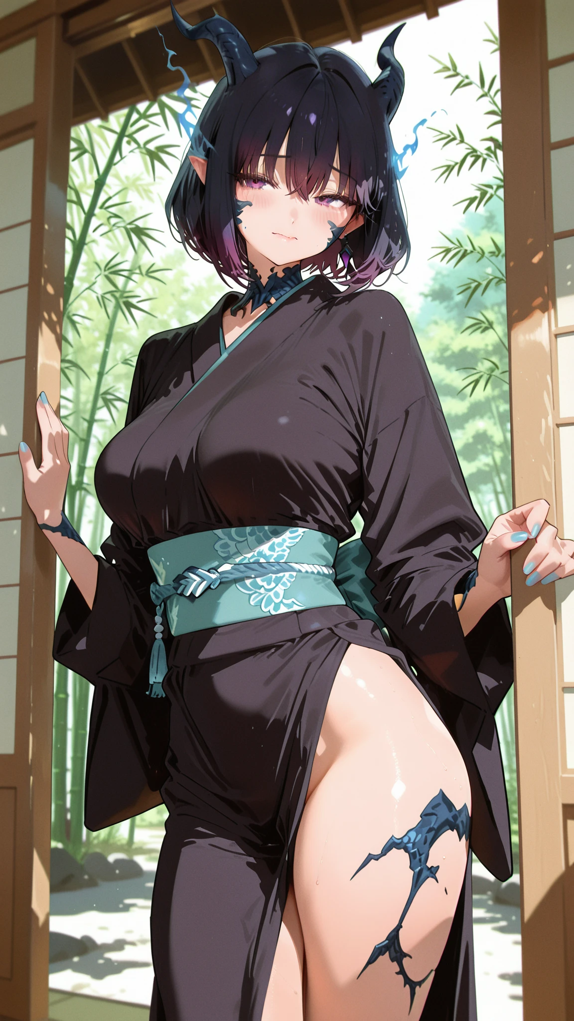 score_9, score_8_superior, score_7_superior, sauce_anime, Highest quality, masterpiece, evaluation_Explicit, No correction, break, SAKASAGAMINOYURA, One girl, Large Breasts, Cleavage, Black Hair, hair band, Bob_cut, Purple eyes, choker, No sleeve, Short kimono, Red lips, Outdoor, Leaning forward,two hands,Two legs,five fingers,evil background,, Wicked Smile, devilish aura (Shiny fabric:1.5),Dark world background,solo,feet,most evil Smirk,solo,most evil Smile,haded face (eyes in shadow)