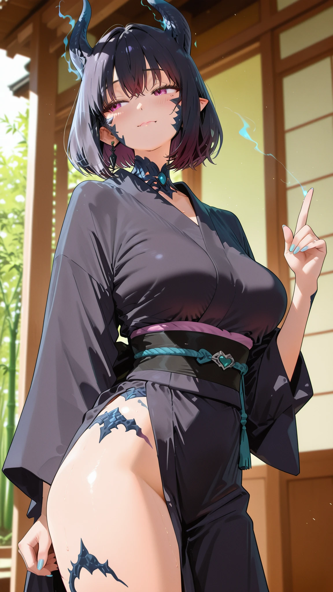 A dragon girl, short black hair, curvy figure, ((green eyes)), (high resolution), ((purple robe, noble robe)), (high resolution), high quality, mature, seductive face, long horns teeth, perfect eyes,