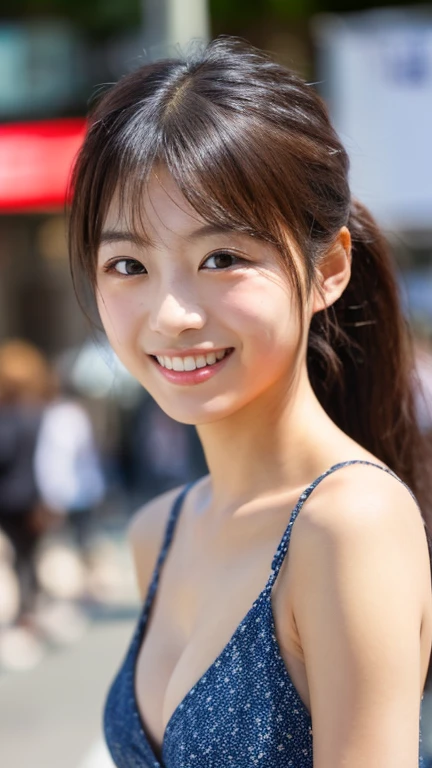 NSFW:1.5,((highest quality、8K resolution、master masterpiece、portrait:1.3)), Photoreal, 35mm film, 1 Japanese female, Upper body、on the street during the day,tassel pigtails、 wrinkles around the eyes, plump body、smile,((white bra_panties:1.3)) , (outdoor:city street 1.3), jumbled background,look at the audience,Tokyo cityscape:1.3,smile