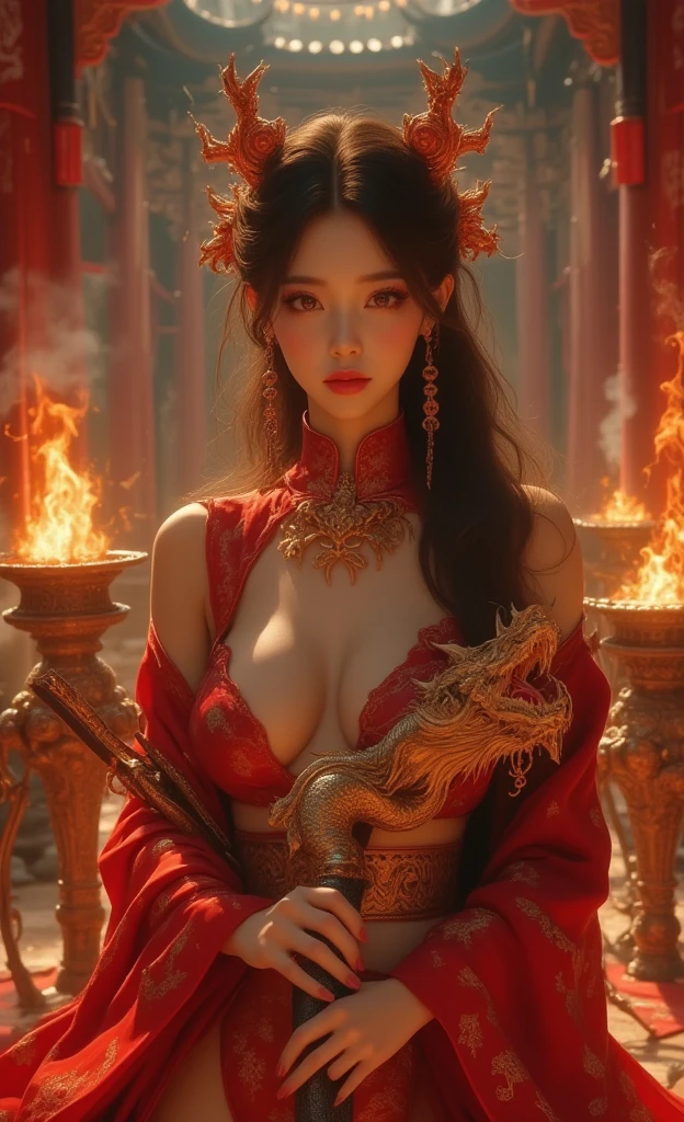 (heavy breasts)、top-quality、​masterpiece、超A high resolution、(((Chinese dragon background))),（White Ragon Armor）、(((Colossal tits))),dragon armor、(((Detailed Micro Bikini))),(Wearing a beautiful crown made of jewels),(Photorealsitic:1.4)、Raw photo、女の子1人、(((Random hair))、(((Take different poses)))、glowy skin、(((Red hair)))、Intricate and ornate hair ornaments、（Gorgeous Jewelry Necklaces）、（Mystical expression）、（Full Body Angle）、（Metal bikini）、((beautiful lake background)),(Chinese dragon background)、(Precipitous cliffs)、((super realistic details))、portlate、globalillumination、（sexypose）、Shadow、octan render、8K、ultrasharp、Colossal tits、Raw skin is exposed in cleavage、metals、Details of complex ornaments、Japan details、highly intricate detail、Realistic light、CGSoation Trends、Blue eyes、Glowing eyes、Facing the camera、Toostock、（Full Body Angle）、（veils）、(((Heavy Big))),Eyes glow、