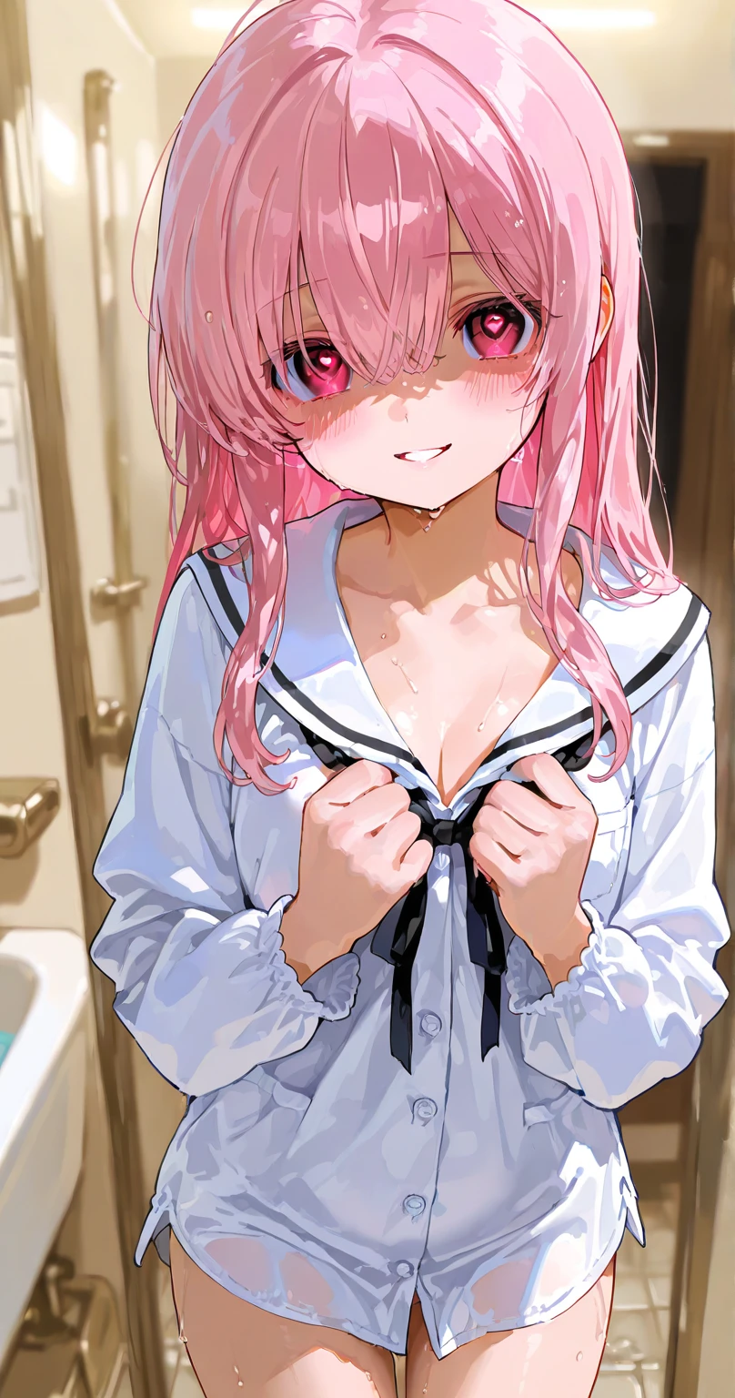 (8K、Top image quality、top-quality、masterpiece)、1 loli、Pink hair、Two-side-up、light blue eyes、evilsmile、Smaller chest、black bra、panties under pantyhose、thong、Rear view、Locker Room Background