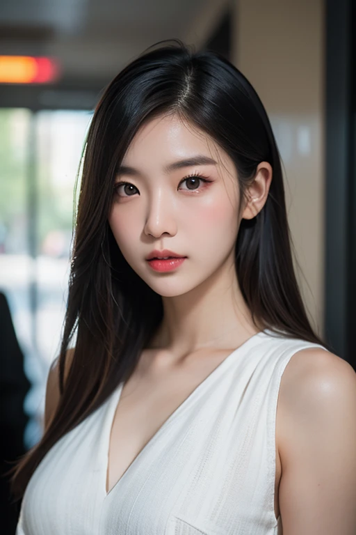 extremely detailed eye, extra detailed face, Best Quality ,masutepiece, Extremely detailed, Ultra-detailed, (Realistic, Photorealsitic:1.3), Smile, (facing front), Looking at Viewer, Black shirt, 1girl in , Long body、skinny body shape、big breasts thin waist、in a office、cleavage of the breast、Slim Faces、Slim jaw、