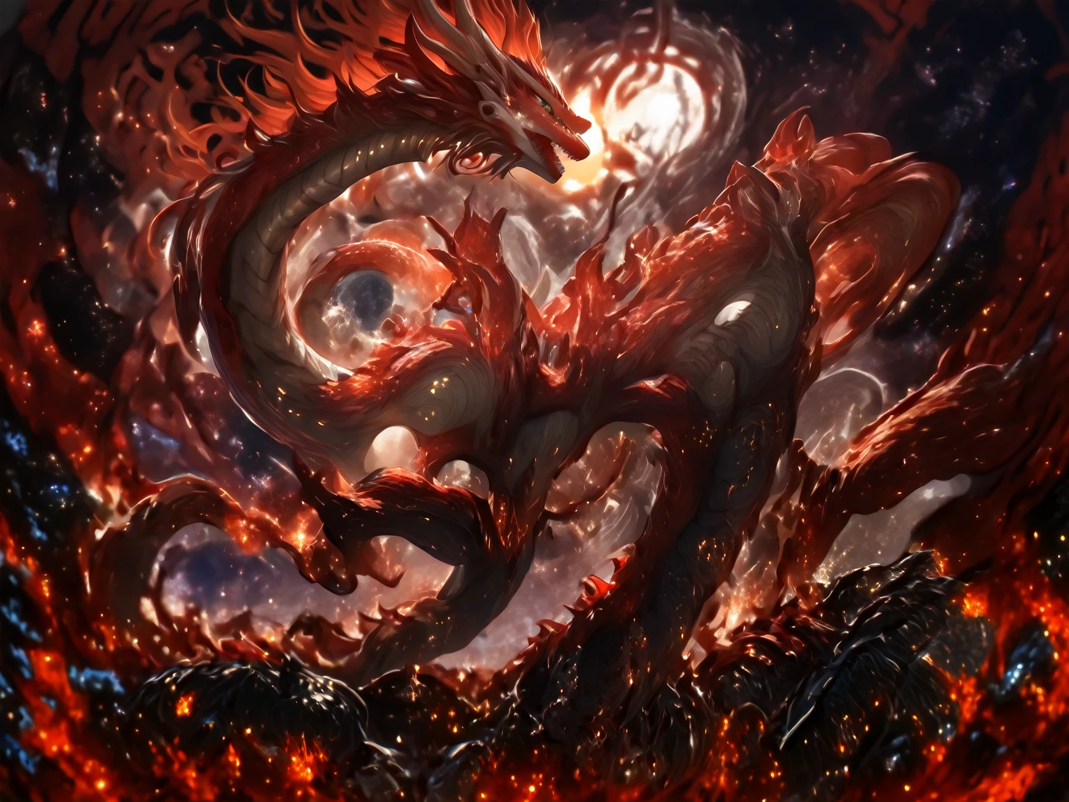 Hyperrealistic art BJ_Sacred_beast, red_eyes, outdoors, horns, sky, teeth, day, cloud, cloudy_sky, scenery, smoke, mountain,dragon,snake body,
cinematic lighting,strong contrast,high level of detail,Best quality,masterpiece,<lora:SDXL_Sacred_beast:0.7>, . Extremely high-resolution details, photographic, realism pushed to extreme, fine texture, incredibly lifelike,best quality, masterpiece, floating, fly,divine beast