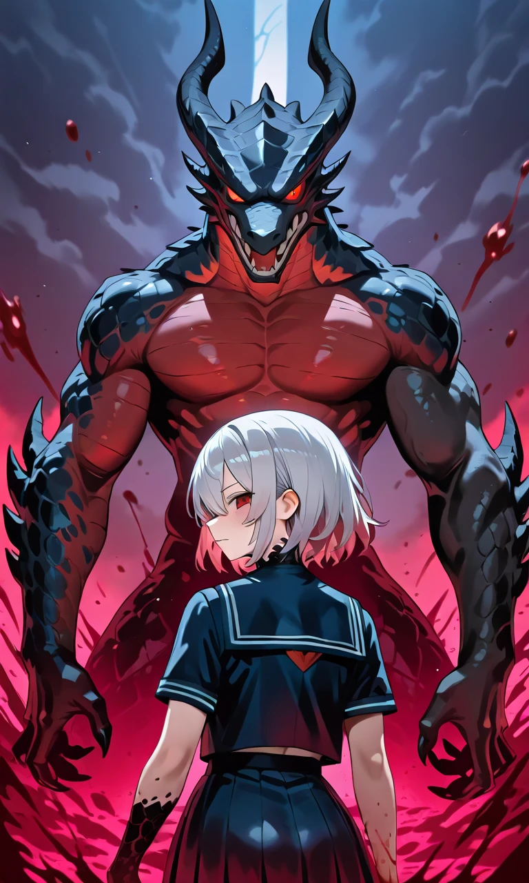 Ultra detailed, high resolution, absurd, HDR, masterpiece, anime girl, beautiful woman, long white hair with red streaks, expressive yellow eyes, red haori, black demon slayer uniform, Kimetsu No Yaiba, petals, white flowers, beautiful, woman in front of tombstones, the girl is in front of her masters' tombstones, best quality, extremely detailed face and eyes