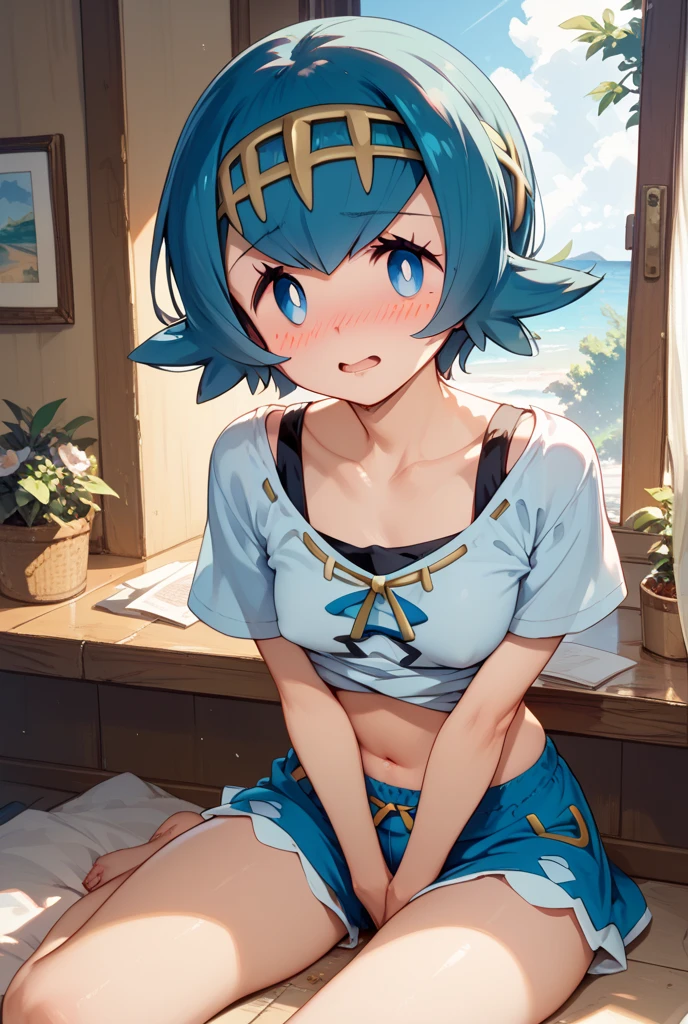 Venti, genshin impact, exposing self, petite, shy, masturbating, penis, cute, green shorts, white leggings, blue braidest quality,4k,8k,highres,masterpiece:1.2),ultra-detailed,portraits