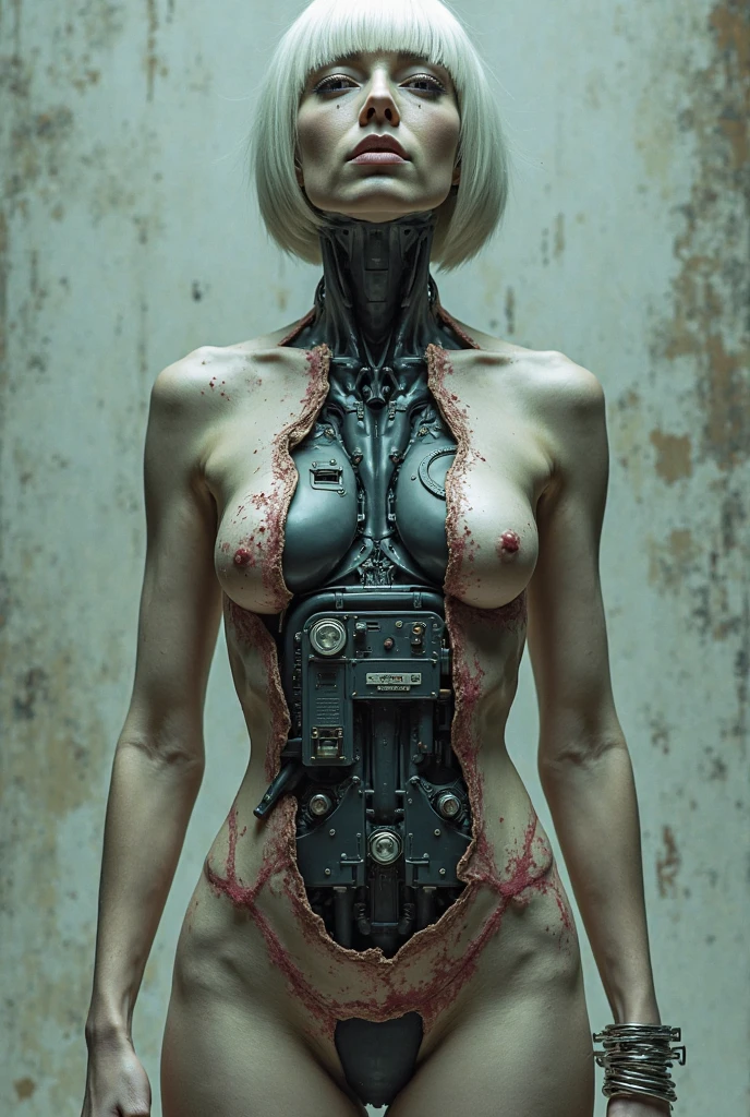 (masterpiece, top quality, best quality, official art, beautiful and aesthetic:1.2), (1girl:1.3), extreme detailed,colorful,highest detailed ((ultra-detailed)), (highly detailed CG illustration), ((an extremely delicate and beautiful)),(from side),cinematic light,((1mechanical girl)),solo,full body,(machine made joints:1.2),((machanical limbs)),(blood vessels connected to tubes),(mechanical vertebra attaching to back),((mechanical cervial attaching to neck)),(sitting),expressionless,(wires and cables attaching to neck:1.2),(wires and cables on head:1.2)(character focus),science fiction,white background,(blood:1.5)