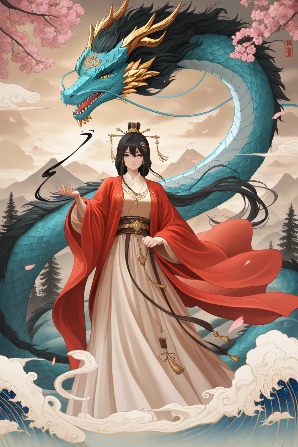 (masterpiece, best quality:1.2), bite_style,1 person,girl,Divine bit,dragon,cloud,Temple,cartoon