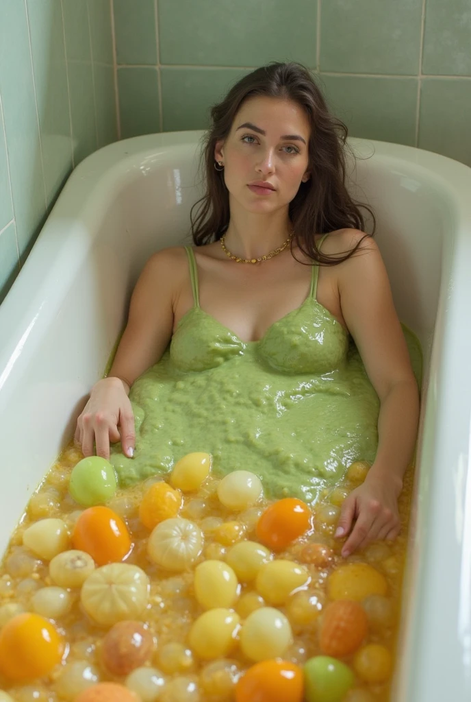 ((best qulaity, 8K, Meisterwerk: 1.3)), scharfer Fokus: 1.2, ((Emma Watson sits in a bathtub full of fruit: 1.4)), Schlanker Bauch: 1.2, (small and beautiful hard nipple) , ((Body and face full of fruits: 1.1)), Hochdetaillierte Gesichts- und Hautstruktur, Spaltung,