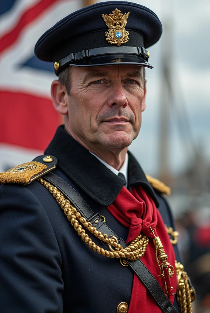 Stylized portrait of a man in historical military uniform, (iconic bicorne hat:1.3), with emblem, grey coat with high collar and brass buttons, intense stare, historical figure inspiration, weathered wall background with (abstract red streaks:1.1), dramatic lighting, strong facial features, Sony A9, 1/250s, f/4.5, ISO 500, cinematic retouching, textured finish, high-resolution digital art,