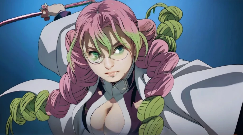 There is a 19-year-old pretty woman with pink hair and a white shirt and haori holding a Japanese sword in a photo pose, a masterpiece, Kanroji as a real person, the complete subject shown in the photo, 16K, toned body, perfect human figure, white haori, only the buttons at the collar of the white shirt. Her taut rocket emphasize her cleavage, her symmetrical green big eyes, her bangs that rise 5 cm straight up from the base and go down, her long upper and lower lashes, and her demon slayer uniform jacket has an open chest. Pink hair from the root, green hair tips, freckles, reproducing the Kanroji honey that clutches the sun ring sword with the right hand, symmetrical human hands, serious face, the right chest side of the demon slayer uniform is a change button left chest side is a pocket, the details are carefully selected Kanroji honey, the pink blade sword blade is designed like a four-leaf clover with four hearts combined, the heart part of each tsubasa is cherry blossom in the gold-rimmed frame, The pattern part is also a design with cherry blossom-colored hearts vertically connected to a light blue ground,