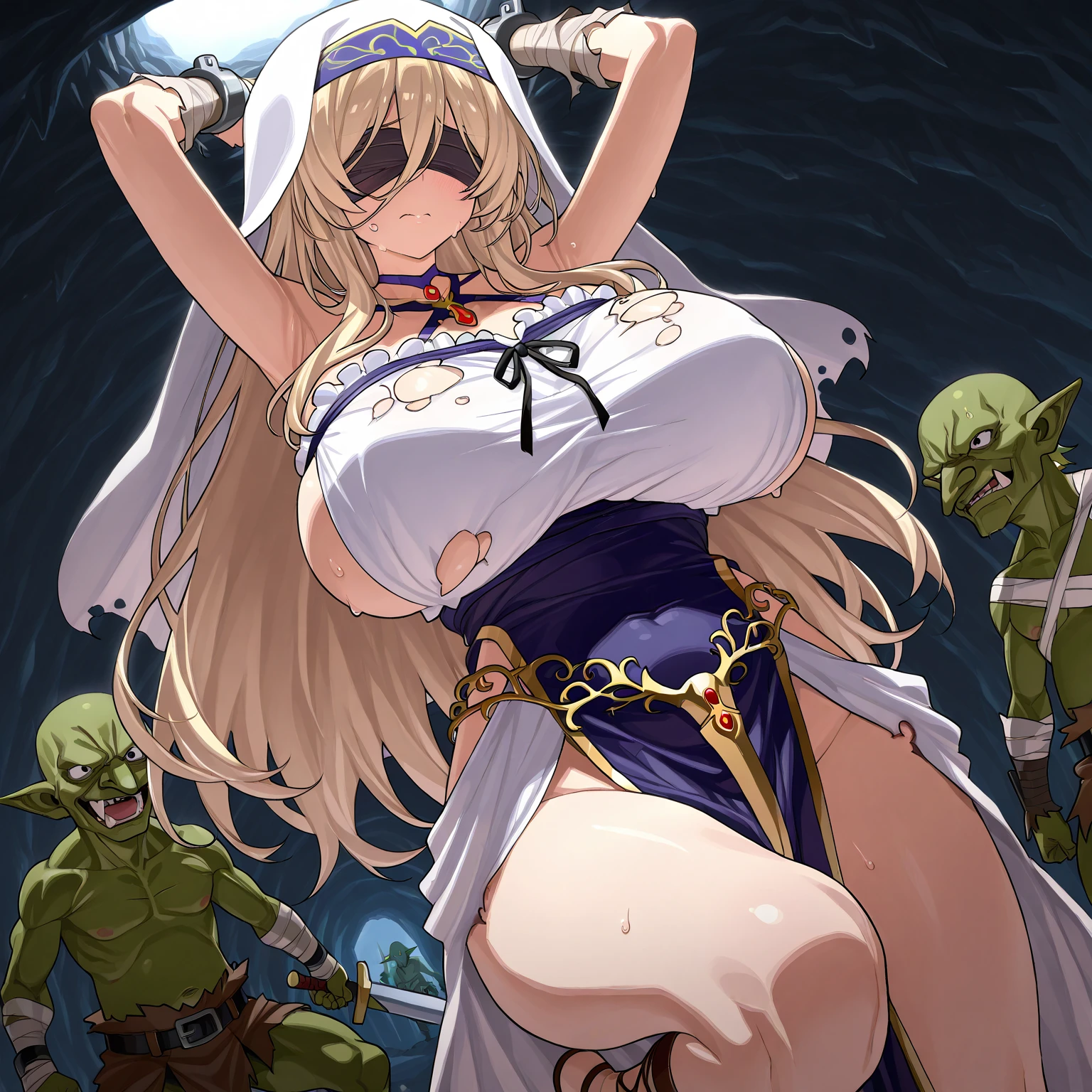 nsfw, gangbang, A female knight, (in the forest), Wearing armor, metal armor, night, detailed aspects, Ultra-mini skirt 25cm above the knee, Surrounded by Goblins, Mr..々weapons, dirty,puffy nipple:1.5, gigantic breasts, arms behind back, restrained, pussy juice, hentai, rape face, intercourse with a goblin:1.35,