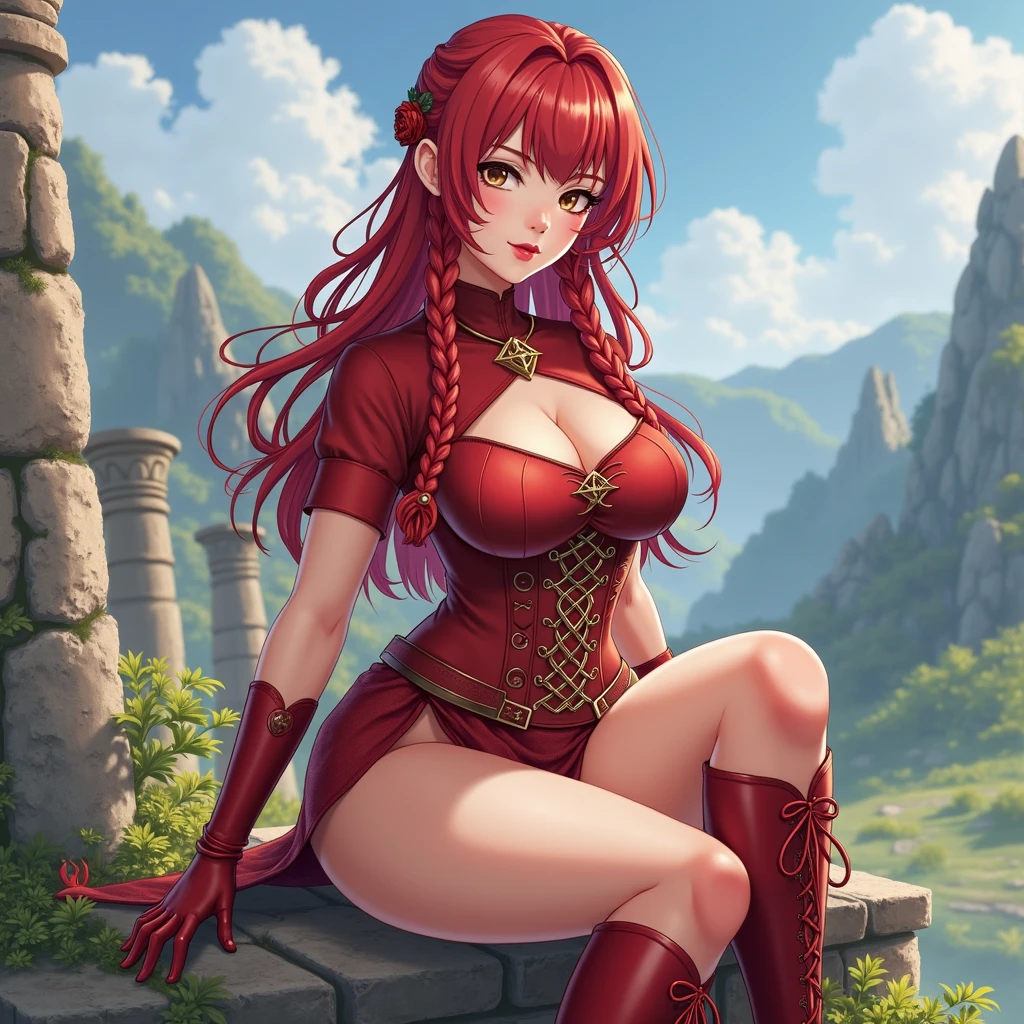 ((from below:1.2),(looking at viewer:1.8)),(1girl,(curvy:1.2),petite,beautiful breasts,(large breasts:1.5),pale skin,pointy breasts,(erect nipples),sweat),((clothed:1.5),leather boots,leather gauntlet,(carbon armor:1.5),(red embroidered white rash guard:1.5),(long silk sarong:1.5))),(((realistic),high resolution,best quality,masterpiece)),((extra long hair:1.5),hair blowing in the wind,blunt bangs,(extra light coppery red hair),hair over one eye),stand,(leaning forward),Brave stance,(water,(meadow:1.2))